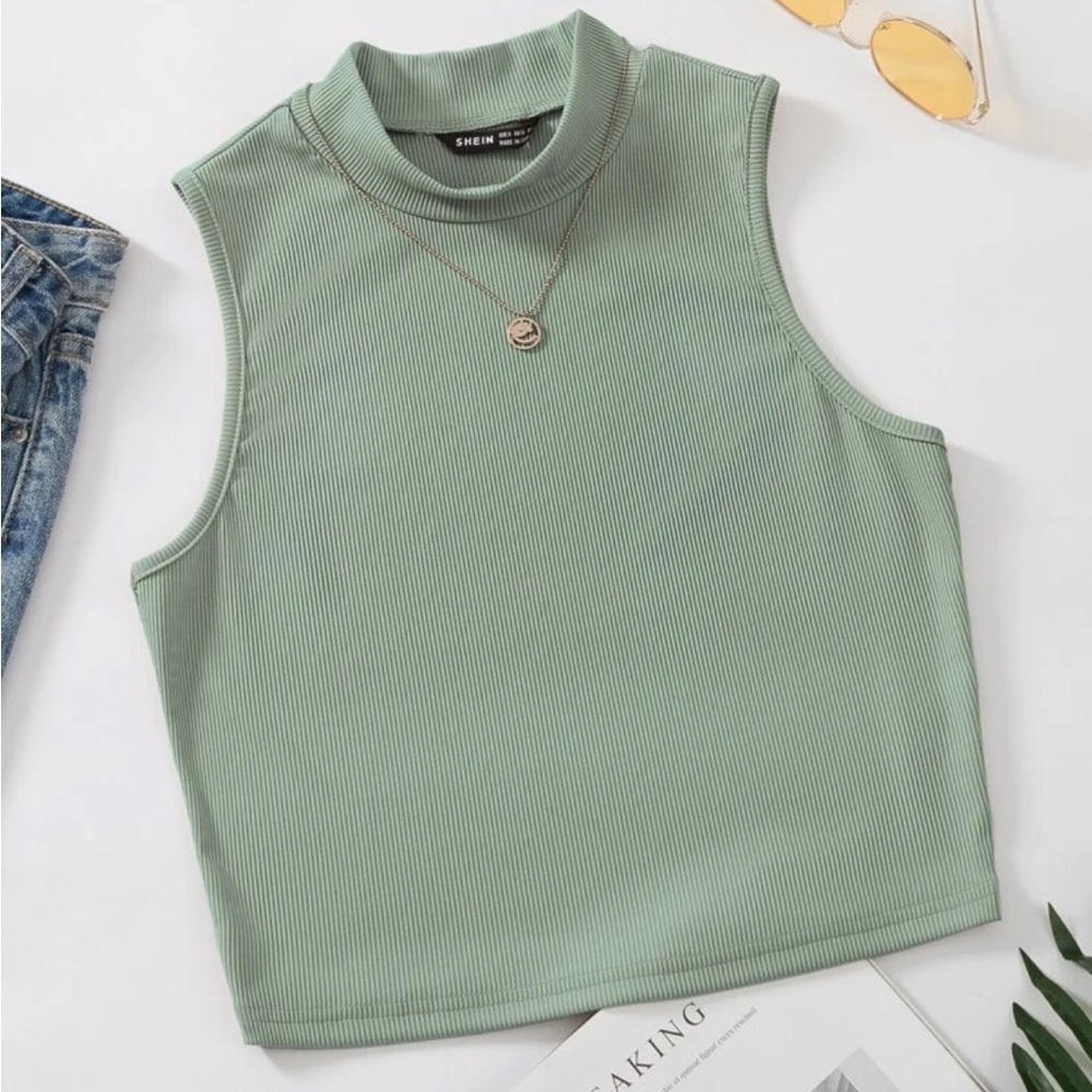 Mint Green Mock Neck Ribbed Tank